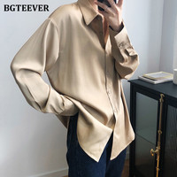BBTEEVER 2020 New Chic kobiety Satin koszule z długim rękawem jednolity skrócony kołnierz elegancka biurowa, damska odzież robocza bluzki kobiet 1